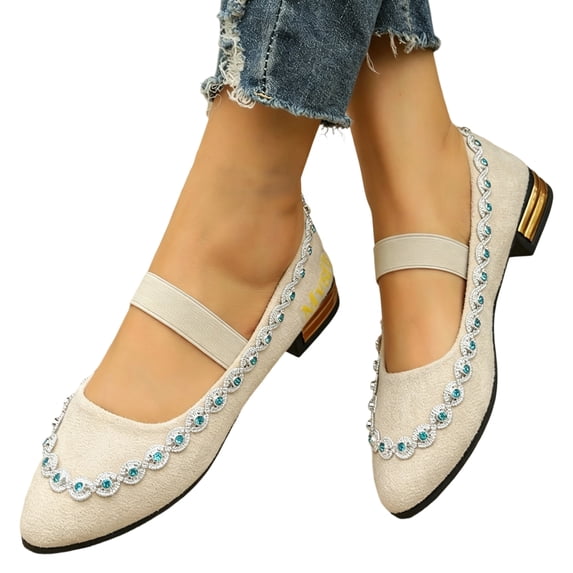 Willtoo Mary Jane Shoes Women Rhinestone Low Block Heel Pointed Toe Dress Flats Elastic Strap Slip On Non Slip Walking Shoes