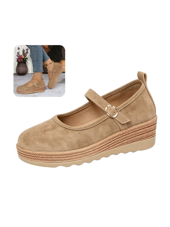 Mary Jane Shoes Women Round Toe Platform Adjustable Buckle Strap Walking Shoes Retro Espadrille Wedge Casual Dress Flats
