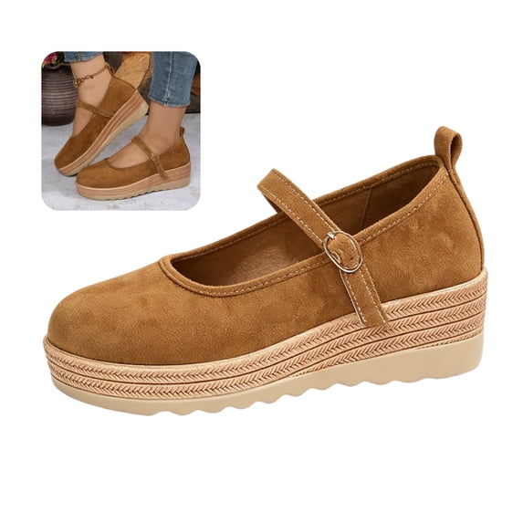Willtoo Mary Jane Shoes Women Round Toe Platform Adjustable Buckle Strap Walking Shoes Retro Espadrille Wedge Casual Dress Flats