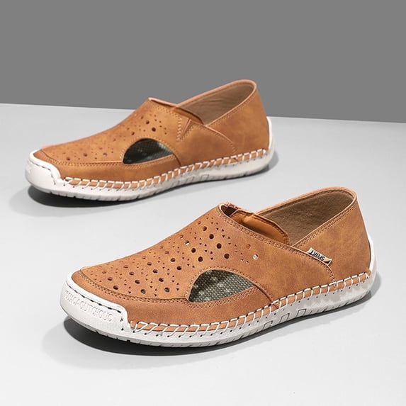 Willtoo Mens Handmade Faux Leather Perforated Slip On Loafers Breathable Mesh Upper Flat Heel Casual Walking Shoes for Daily Wear Office Travel Summer