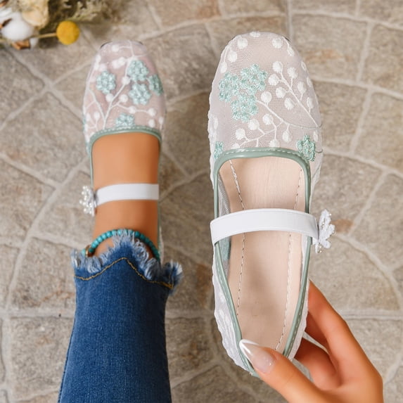 Willtoo Mesh Embroidered Flats for Women Leopard Mary Jane Flats Ballet Shoes Round Toe Slip On Ballerina Floral Shoes