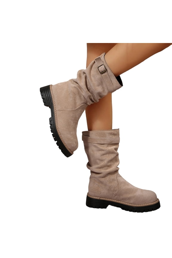 Mid Calf Boots for Women Flat Casual Round Toe Fashion Calf High Boot Buckle Dressy Fall and Winter Low Heeled Womens Boots.