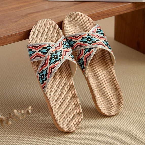 Willtoo Natural Linen Flax House Slippers Cross Strap Open Toe Indoor Non Slip Mules For Women Four Seasons Home Sandals Breathable