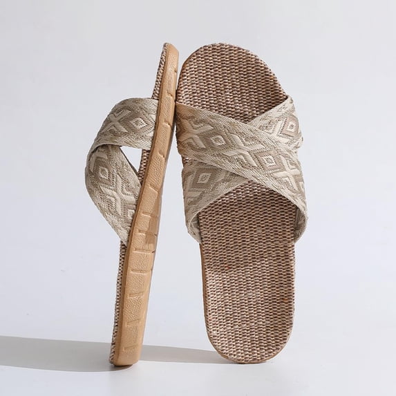 Willtoo Natural Linen Flax House Slippers Cross Strap Open Toe Indoor Non Slip Sandals For Women Four Seasons Home Sandals Breathable
