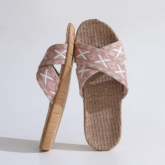 Willtoo Natural Linen Flax House Slippers Cross Strap Open Toe Indoor Non Slip Sandals For Women Four Seasons Home Sandals Breathable