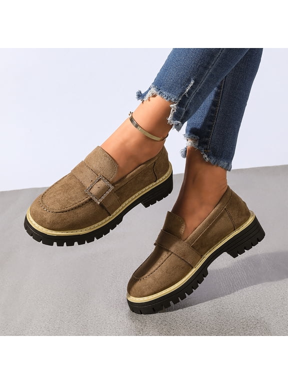 Orthopedic Dress Shoes for Women Platform Round Toe Slip On Comfortable Loafers Non Slip Lug Sole Office Casual Walking Shoes Chunky Heel Fashion Low Top Shoes