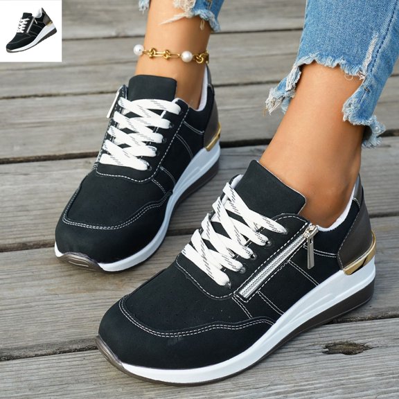 Willtoo Orthopedic Dress Shoes for Women Wedge Side Zip Sneakers, Chunky Platform Walking Shoes with Lace-Up, Non Slip Breathable Casual Athletic Footwear