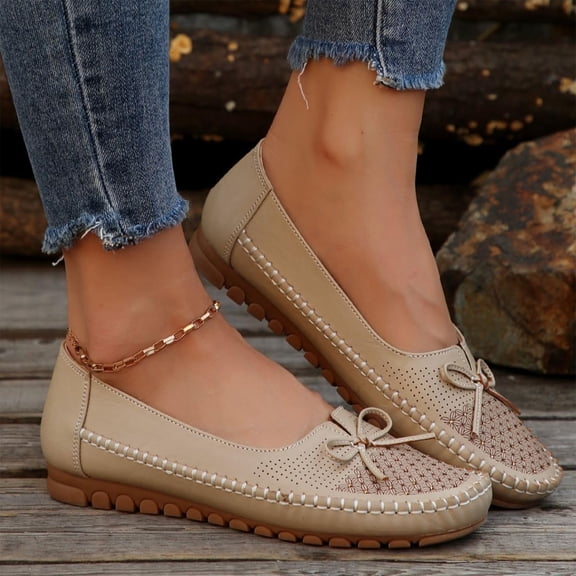 Willtoo Orthopedic Leather Shoes, Lightweight Anti-Slip Breathable for Women Dressy Slip-On Bow-Knot Flats Loafers Beige