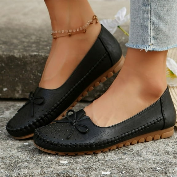 Willtoo Orthopedic Leather Shoes, Lightweight Anti-Slip Breathable for Women Dressy Slip-On Bow-Knot Flats Loafers Black