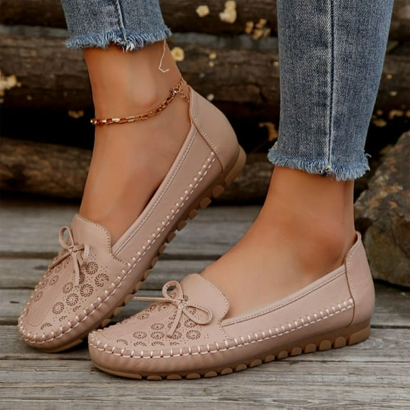 Willtoo Orthopedic Leather Shoes, Lightweight Anti-Slip Breathable for Women Dressy Slip-On Bow-Knot Flats Loafers Pink