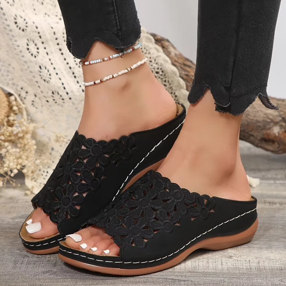 Willtoo Orthopedic Sandals for Women 2026 Summer Arch Support Fashion Low-Heeled Slippers Breathable Hollow Flowers Wedge Sandals Comfortable Fishmouth Open Toe Slip on Slippers Black US-8(EU-40)