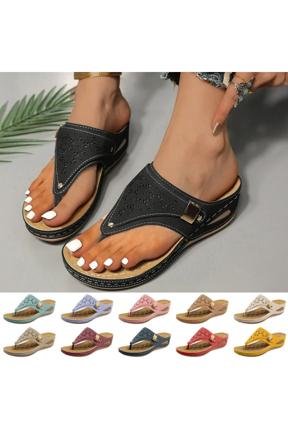 Orthopedic Sandals for Women 2025 Wide Width Wedge Flip Flops, Arch Support for Beach Resort Black 10 Wide