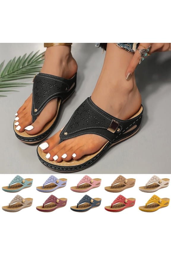 Orthopedic Sandals for Women 2025 Wide Width Wedge Flip Flops, Arch Support for Beach Resort Black 7.5 Wide