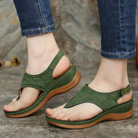 Willtoo Orthopedic Sandals for Women Arch Support Ankle Strap Dressy Walking Sandals Open Toe Platform Wedge Beach Shoes Green US-7(EU-38)