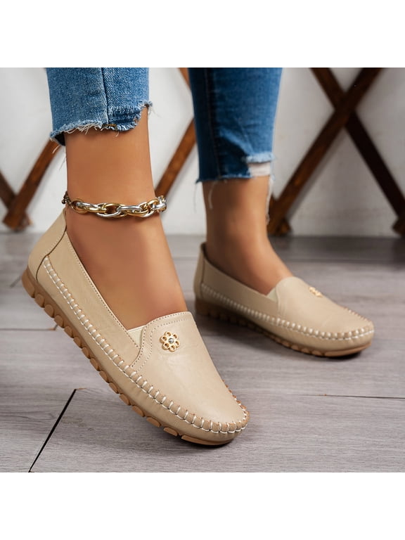 Orthopedic Shoes Leather,Stylish Orthopedic Leather Shoes - All-Day Comfort for Women,Lightweight Slip on Stitched Flat-Soled Casual with Flower