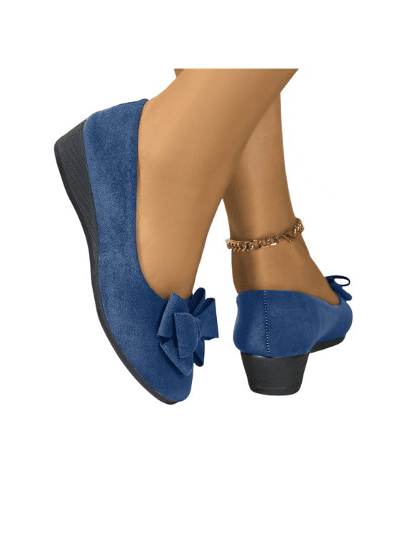 Orthopedic Shoes for Women Ballet Flats with Bow, Low Wedge Heel Casual Walking Shoes Slip-On Comfortable Shoes