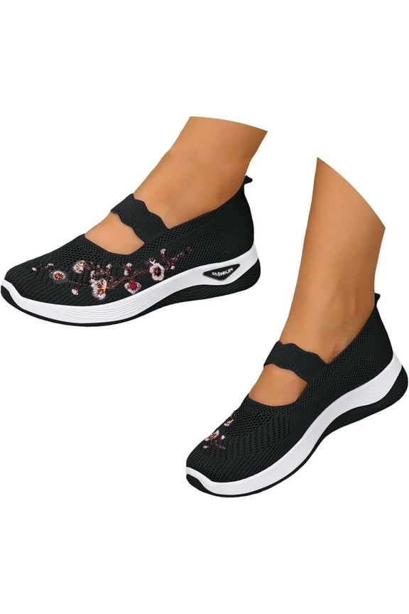 Orthopedic Shoes for Women Slip on Walking Shoes Nurse Shoes Embroidered Arch Support Wide Width Work Sneakers Black 7.5 Wide