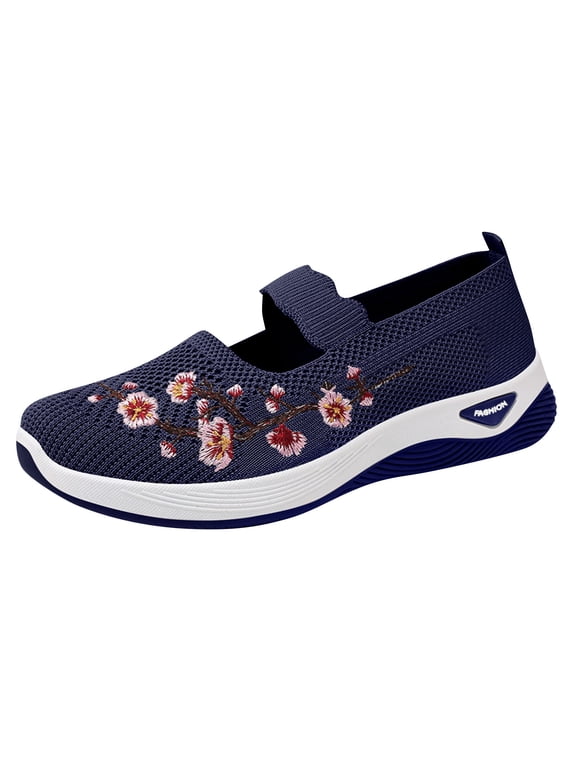 Orthopedic Shoes for Women Slip on Walking Shoes Nurse Shoes Embroidered Arch Support Wide Width Work Sneakers Blue 9 Wide