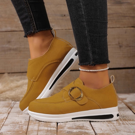 Willtoo Orthopedic Walking Shoes for Women Comfortable Round-Toe Wedge Heels with Metal Buckle Non-Slip Arch Support Slip on Shoes Orthopedic Breathable Walking Sneaker