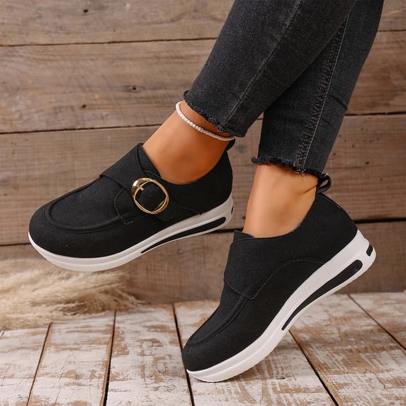 Willtoo Orthopedic Walking Shoes for Women Comfortable Round-Toe Wedge Heels with Metal Buckle Non-Slip Arch Support Slip on Shoes Orthopedic Breathable Walking Sneaker