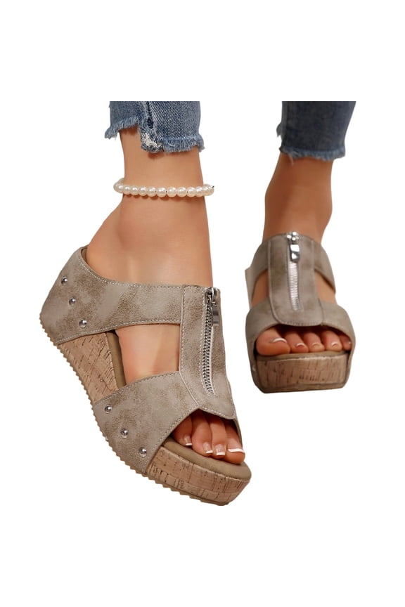 Orthopedic Wedge Sandals for Women Comfortable Summer Open Toe Platform Sandals Front Zipper Slingback Comfy Sloping High Heels with Soft Cushion Footbed Walking Shoes