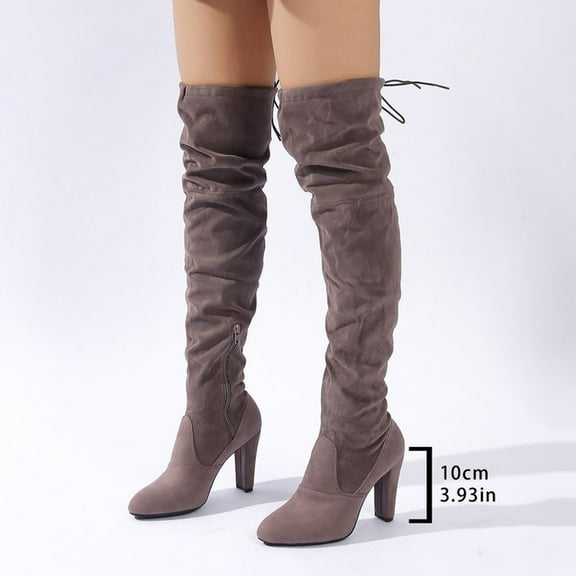 Willtoo Over The Knee Boots Suede Thigh High for Women Long Boots with Chunky Heel Gray