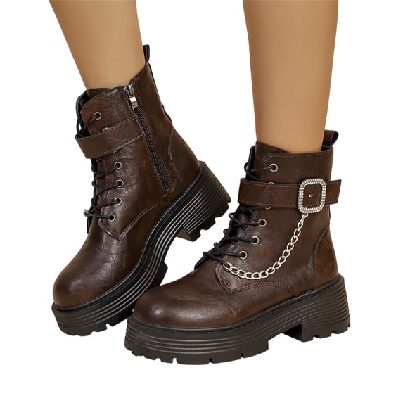 Willtoo Platform Combat Boots for Women Lace‑up Buckle Chain Ankle Booties Chunky Heel Side Zipper Fashion Shoes Round Toe Non‑Slip Casual Footwear