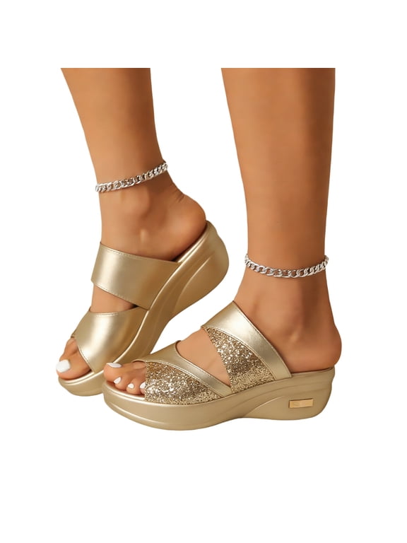 Platform Dressy Orthopedic Sandals for Women Summer 2026 Soft Cushioned Wedge Slippers Glitter Open Toe Shoes Slip On Walking Shoes Comfortable Arch Support Sandals