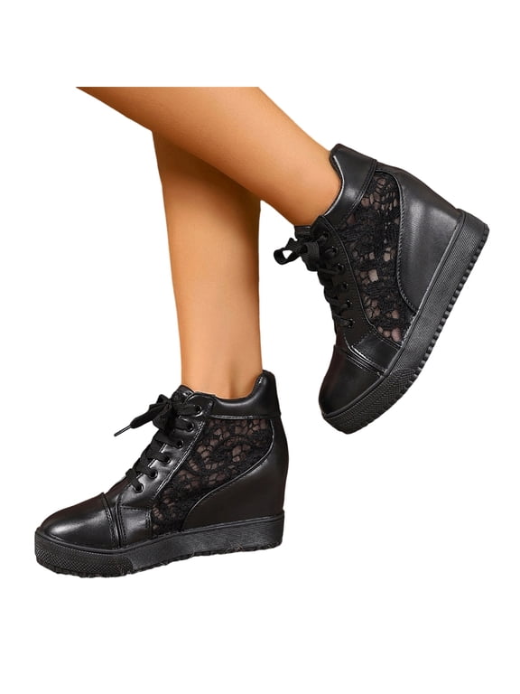 Platform Hidden Heels Sneakers for Women Lace Crochet Lace Up Chunky Bottom High Heels High Top Canvas Shoes Loafers