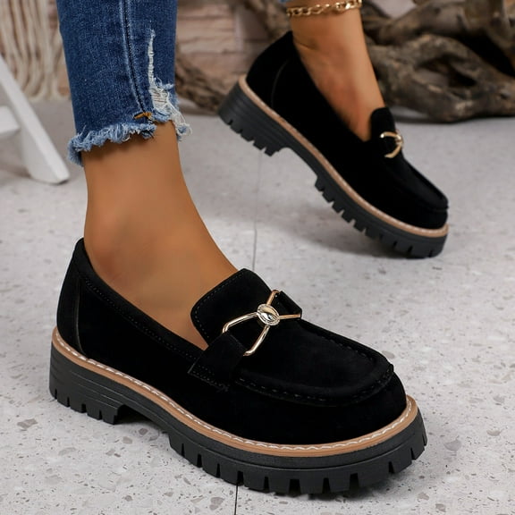 Willtoo Platform Loafers for Women Leather Slip On Chunky Heel Lug Sole Round Toe Penny Shoes Metal Chain Decor Dress Shoes for Daily Casual Work Business Black