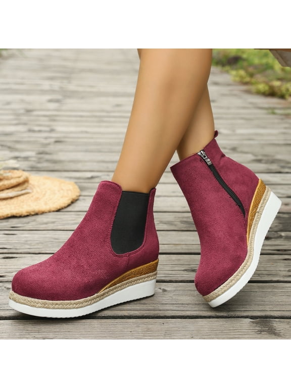 Platform Wedge Ankle Booties for Women Colorblock Pointed Toe Low-Top Casual Boot Chunky Bottom Elastic Fashion Classic Ankle Boots with Zipper Winter Fall Dress Short Boots