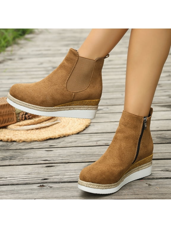 Platform Wedge Ankle Booties for Women Colorblock Pointed Toe Low-Top Casual Boot Chunky Bottom Elastic Fashion Classic Ankle Boots with Zipper Winter Fall Dress Short Boots