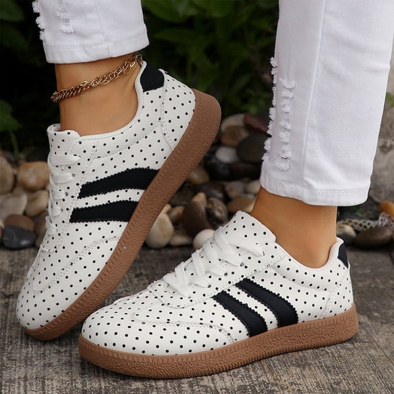Willtoo Polka Dot Sneakers Women Lace Up Flat Polka Dot Sneakers Low Profile Round Toe Dotted Sneaker