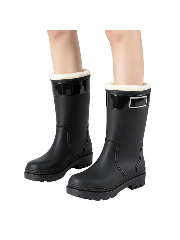 Rain Boots for Women Lined Warm Waterproof Ankle Boots Anti-Slip Mud Shoes Thick Sole Wearable Water Shoes Rubber Outdoor Car Wash Shoes