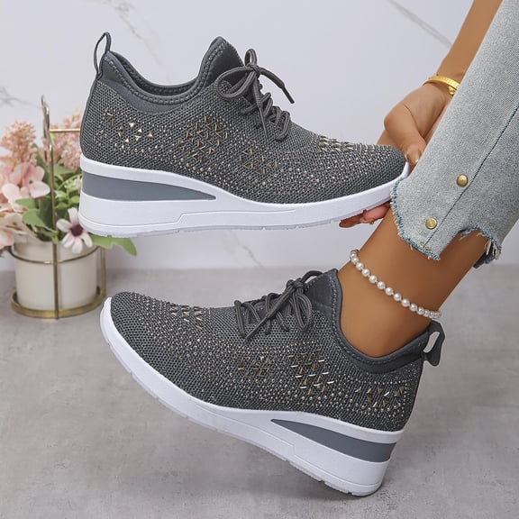 Willtoo Rhinestone Sneakers for Women 2025,Women's Rhinestone Mesh Slip-On Walking Shoes Fashion Breathable Spakle Glitter Sneaker Orthopedic Wedge Lightweight Shoes Sparkly Bling Loafer Dark Gray