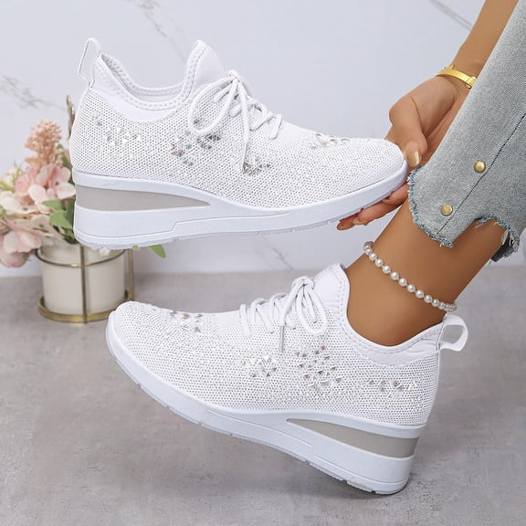 Willtoo Rhinestone Sneakers for Women 2025,Women's Rhinestone Mesh Slip-On Walking Shoes Fashion Breathable Spakle Glitter Sneaker Orthopedic Wedge Lightweight Shoes Sparkly Bling Loafer White