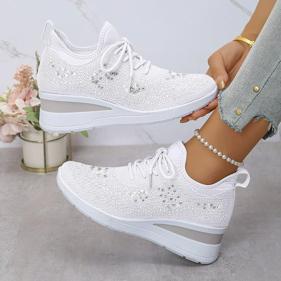 Willtoo Rhinestone Sneakers for Women 2025,Women's Rhinestone Mesh Slip-On Walking Shoes Fashion Breathable Spakle Glitter Sneaker Orthopedic Wedge Lightweight Shoes Sparkly Bling Loafer White