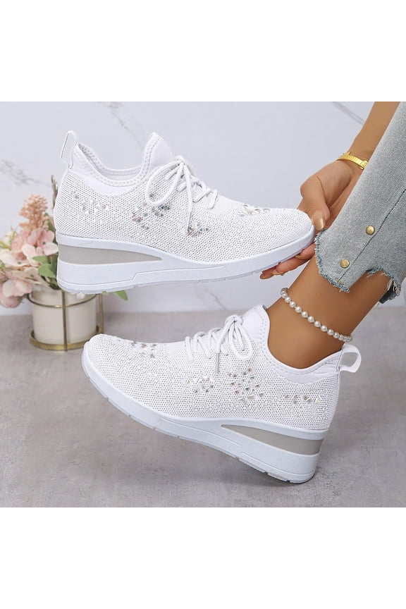 Rhinestone Sneakers for Women 2025,Women's Rhinestone Mesh Slip-On Walking Shoes Fashion Breathable Spakle Glitter Sneaker Orthopedic Wedge Lightweight Shoes Sparkly Bling Loafer White