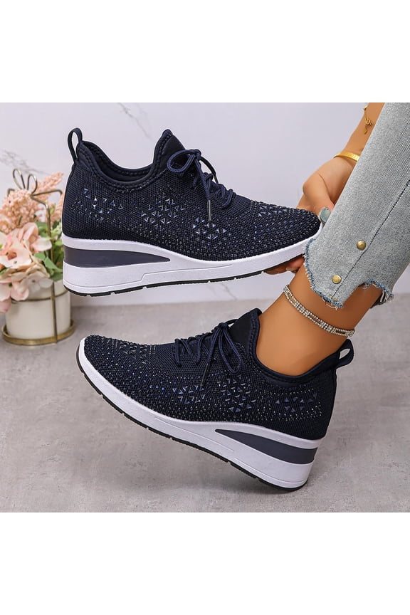 Rhinestone Sneakers for Women 2025,Women's Rhinestone Mesh Slip-On Walking Shoes Fashion Breathable Spakle Glitter Sneaker Orthopedic Wedge Lightweight Shoes Sparkly Bling Loafer Dark Blue