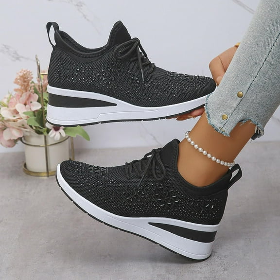Willtoo Rhinestone Sneakers for Women 2025,Women's Rhinestone Mesh Slip-On Walking Shoes Fashion Breathable Spakle Glitter Sneaker Orthopedic Wedge Lightweight Shoes Sparkly Bling Loafer Black
