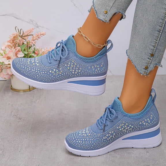 Willtoo Rhinestone Sneakers for Women 2025,Women's Rhinestone Mesh Slip-On Walking Shoes Fashion Breathable Spakle Glitter Sneaker Orthopedic Wedge Lightweight Shoes Sparkly Bling Loafer Sky Blue