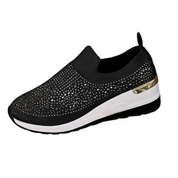 Willtoo Rhinestones Slip On Shoes for Women 2025 Wedge Dressy Mesh Walking Shoes Fashion Breathable Bling Sparkly Sneakers Comfortable Casual Loafers Black 7 Wide