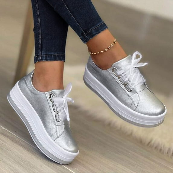 Willtoo Shoes For Women Sneakers Slip Ons Walking Shoes Casual Lace Up Dressy Summer Fashion Cute Platform Flats Loafer Silver