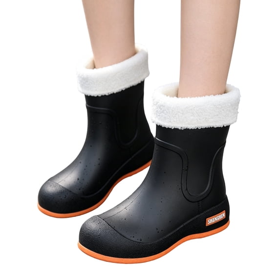 Willtoo Short Lined Warm Rain Boots for Women Fashion Elastic Mouth Thick Sole Wearable Water Shoes Anti-slip Kitchen Rubber Outdoor Car Wash Shoes Tall Wide Rain Boots
