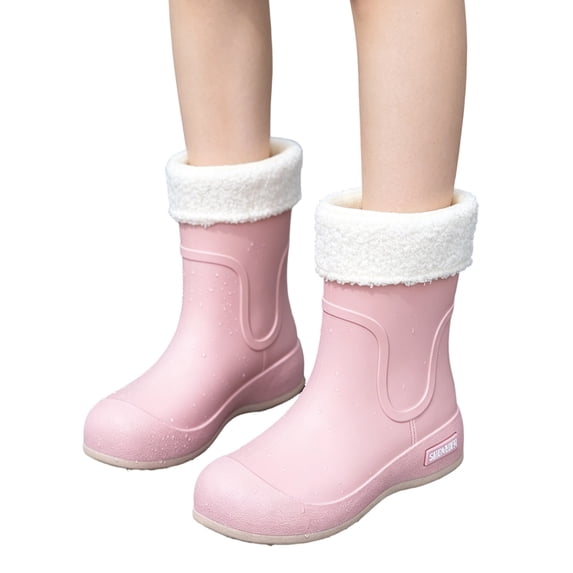 Willtoo Short Lined Warm Rain Boots for Women Fashion Elastic Mouth Thick Sole Wearable Water Shoes Anti-slip Kitchen Rubber Outdoor Car Wash Shoes Tall Wide Rain Boots
