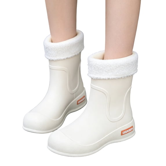 Willtoo Short Lined Warm Rain Boots for Women Fashion Elastic Mouth Thick Sole Wearable Water Shoes Anti-slip Kitchen Rubber Outdoor Car Wash Shoes Tall Wide Rain Boots