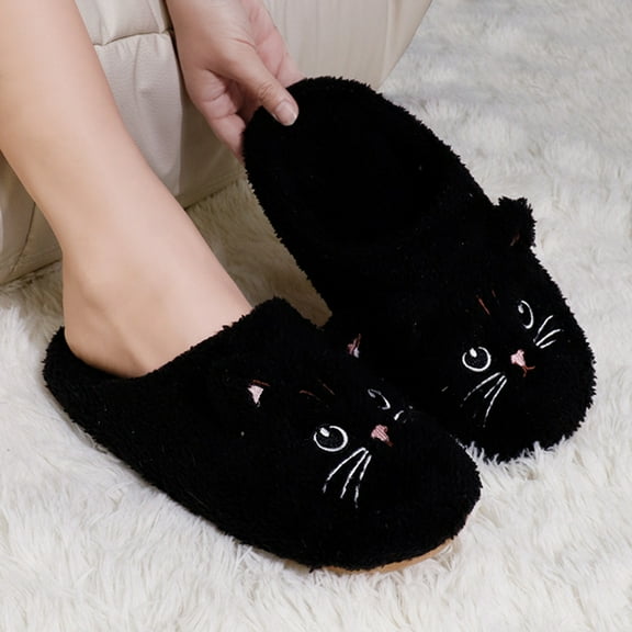 Willtoo Slippers for Women Comfortable Warm Open Toe Non Slip Bedroom Shoes Cozy House Shoes Cute Cat Winter Fall Slippers Black 6.5-7.5 Women/6-6.5 Men