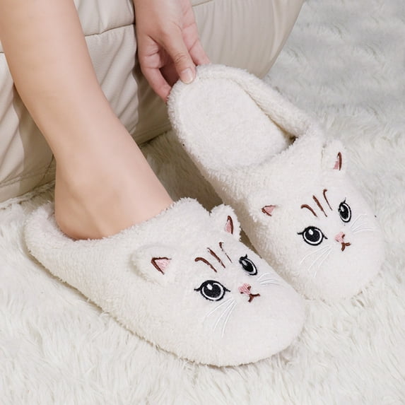 Willtoo Slippers for Women Comfortable Warm Open Toe Non Slip Bedroom Shoes Cozy House Shoes Cute Cat Winter Fall Slippers White 6.5-7.5 Women/6-6.5 Men