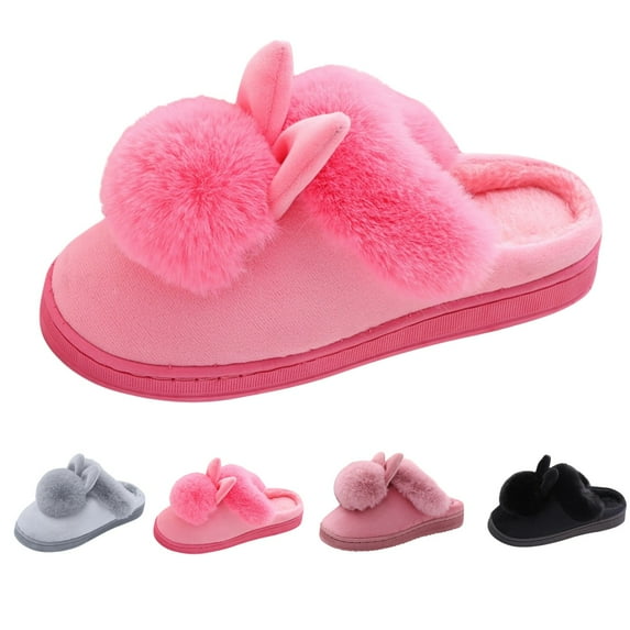 Willtoo Slippers for Women Indoor Fluffy Bunny Ear Slippers Cute Faux Fur Ball Indoor Bedroom Shoes Winter Slip on Fuzzy Slippers Home Lightweight And Non-Slip Flat Shoes Pink