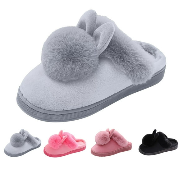 Willtoo Slippers for Women Indoor Fluffy Bunny Ear Slippers Cute Faux Fur Ball Indoor Bedroom Shoes Winter Slip on Fuzzy Slippers Home Lightweight And Non-Slip Flat Shoes Gray
